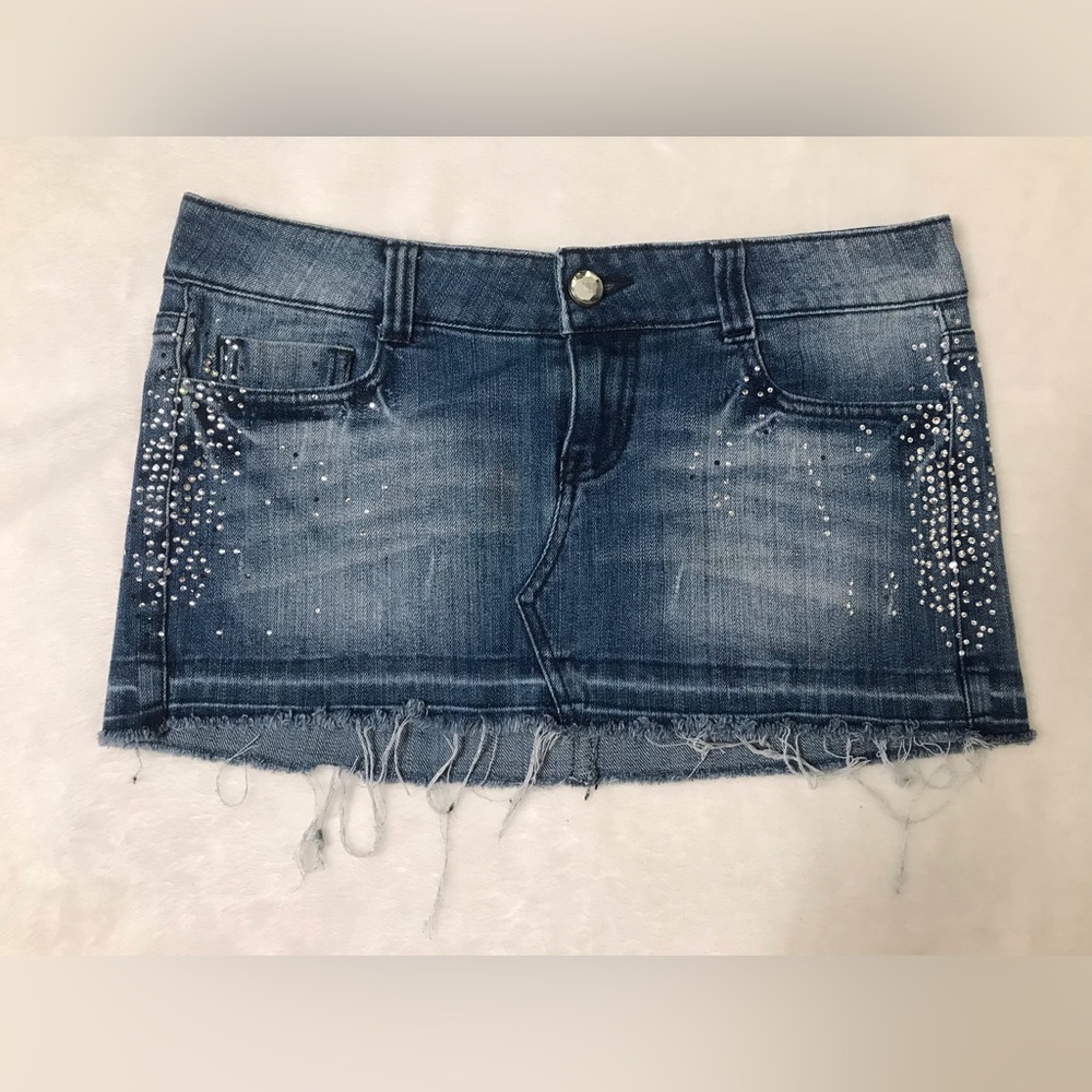 Truce y2k denim rhinestone gem size 7 junior mini micro skirt
